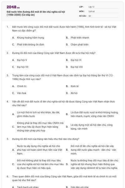 Đất nước trên đường đổi mới đi lên chủ nghĩa xã hội (1986-2000) (Có đáp án)