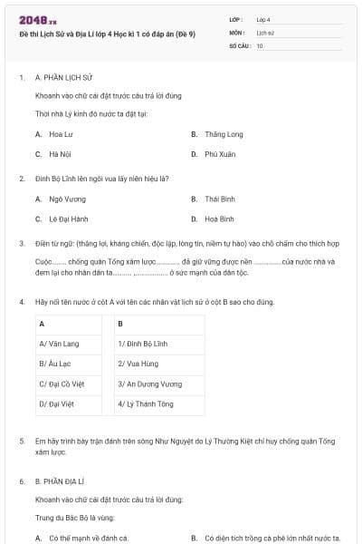 Đề thi Lịch Sử và Địa Lí lớp 4 Học kì 1 có đáp án (Đề 9)