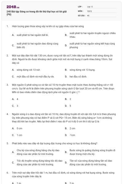 240 Bài tập Sóng cơ trong đề thi thử Đại học có lời giải (P8)