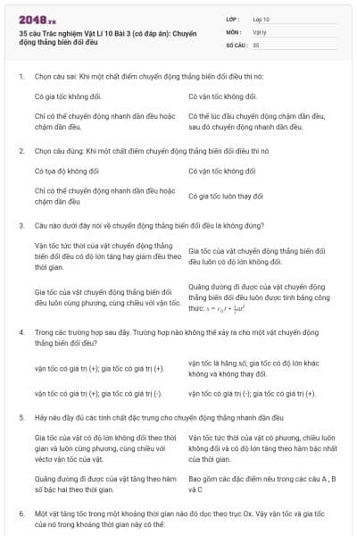 35 câu  Trắc nghiệm Vật Lí 10 Bài 3 (có đáp án): Chuyển động thẳng biến đổi đều