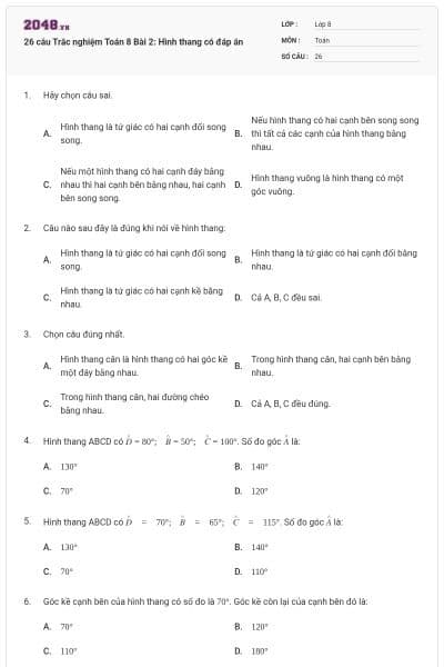 26 câu Trắc nghiệm Toán 8 Bài 2: Hình thang có đáp án