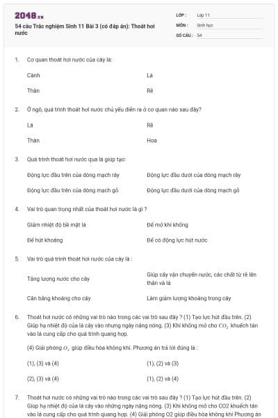 54 câu  Trắc nghiệm Sinh 11 Bài 3 (có đáp án): Thoát hơi nước