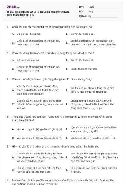35 câu  Trắc nghiệm Vật Lí 10 Bài 3 (có đáp án): Chuyển động thẳng biến đổi đều