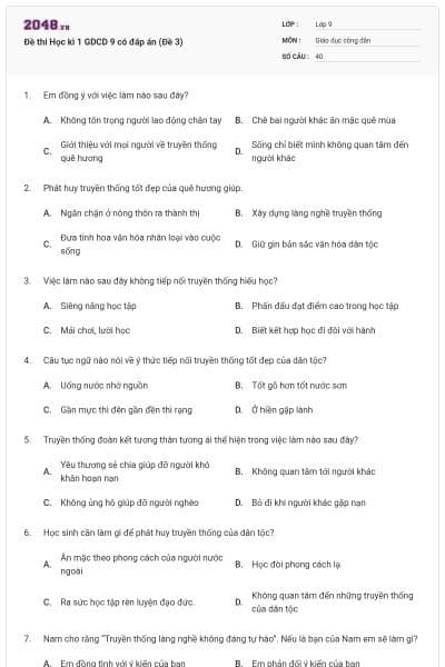 Đề thi Học kì 1 GDCD 9 có đáp án (Đề 3)