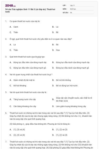 54 câu  Trắc nghiệm Sinh 11 Bài 3 (có đáp án): Thoát hơi nước