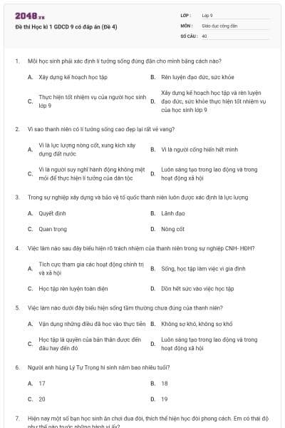 Đề thi Học kì 1 GDCD 9 có đáp án (Đề 4)