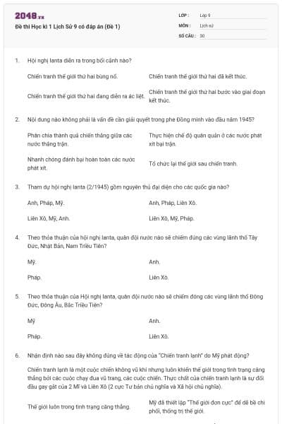 Đề thi Học kì 1 Lịch Sử 9 có đáp án (Đề 1)