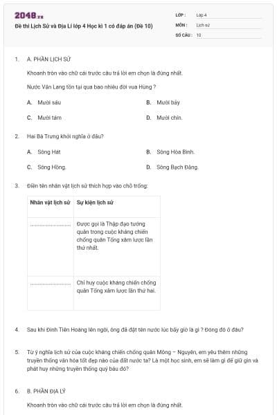 Đề thi Lịch Sử và Địa Lí lớp 4 Học kì 1 có đáp án (Đề 10)