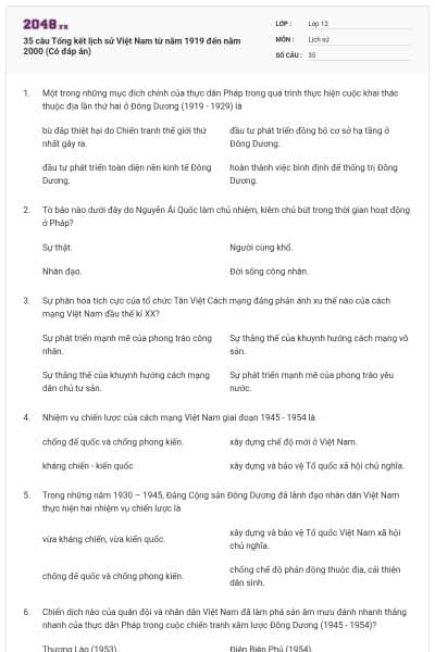 35 câu Tổng kết lịch sử Việt Nam từ năm 1919 đến năm 2000 (Có đáp án)