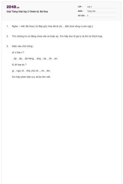 Giải Tiếng Việt lớp 2 Chính tả: Bé Hoa