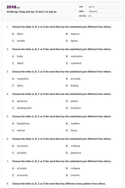 60 Bài tập Tiếng Anh lớp 10 Unit 5 có đáp án