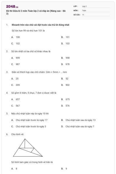 Đề thi Giữa kì 2 môn Toán lớp 2 có đáp án (Nâng cao - Đề 3)