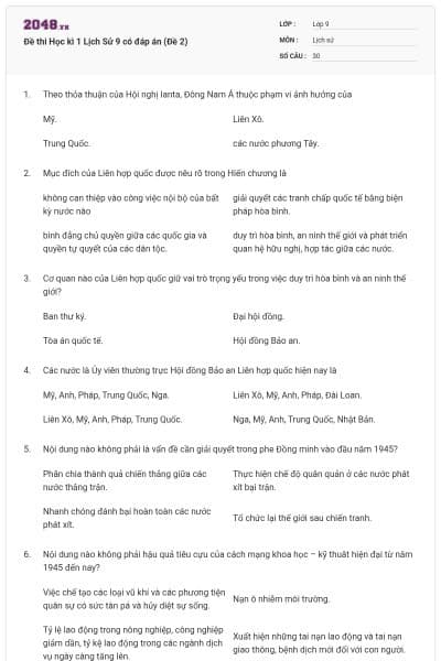 Đề thi Học kì 1 Lịch Sử 9 có đáp án (Đề 2)