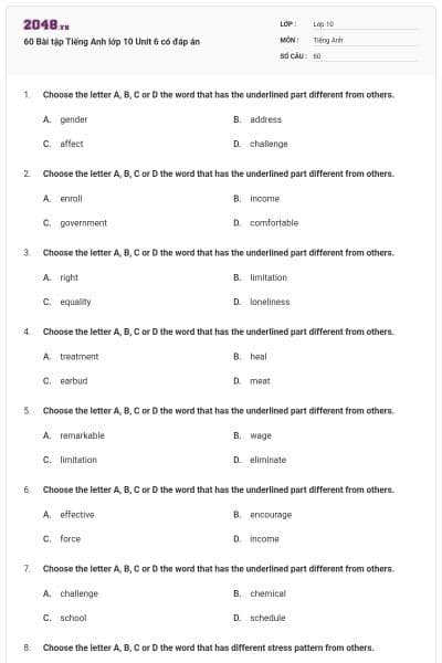 60 Bài tập Tiếng Anh lớp 10 Unit 6 có đáp án