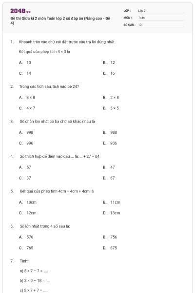 Đề thi Giữa kì 2 môn Toán lớp 2 có đáp án (Nâng cao - Đề 4)