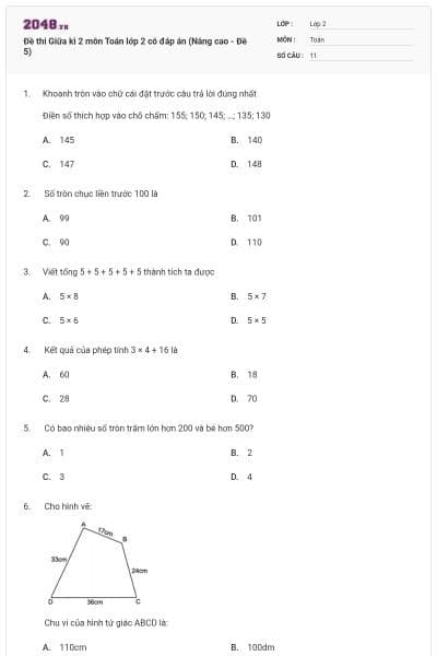 Đề thi Giữa kì 2 môn Toán lớp 2 có đáp án (Nâng cao - Đề 5)