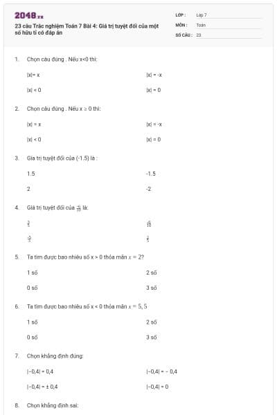 23 câu Trắc nghiệm Toán 7 Bài 4: Giá trị tuyệt đối của một số hữu tỉ có đáp án