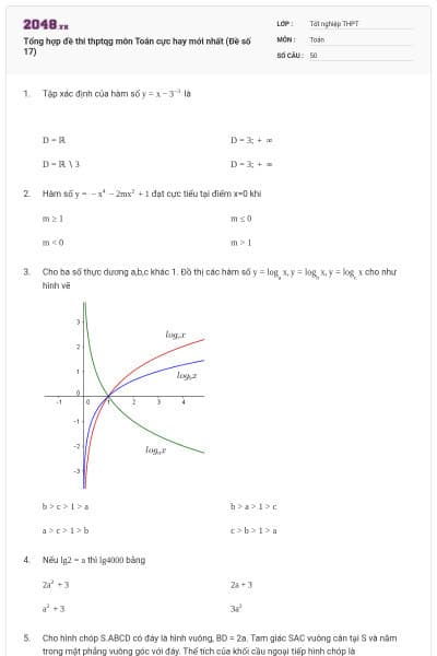 Tổng hợp đề thi thptqg môn Toán cực hay mới nhất (Đề số 17)