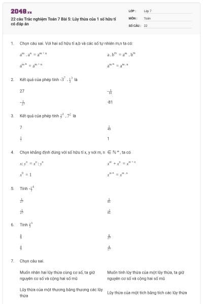 22 câu Trắc nghiệm Toán 7 Bài 5: Lũy thừa của 1 số hữu tỉ có đáp án