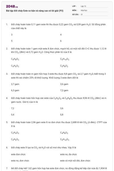 Bài tập đốt cháy Este cơ bản và nâng cao có lời giải (P3)