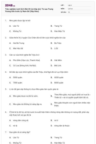 Trắc nghiệm Lịch Sử 6 Bài 20 (có đáp án): Từ sau Trưng Vương đến trước Lý Nam Đế (tiếp theo)