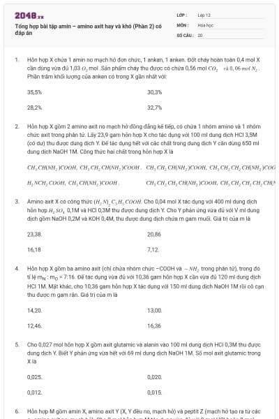 Tổng hợp bài tập amin – amino axit hay và khó (Phần 2) có đáp án