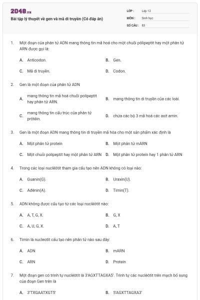 Bài tập lý thuyết về gen và mã di truyền (Có đáp án)