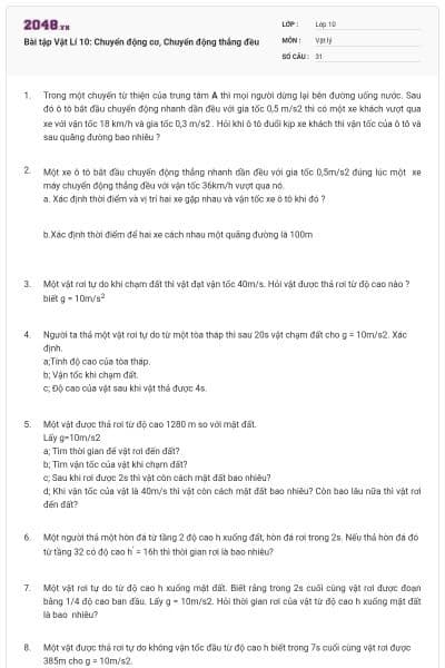 Bài tập Vật Lí 10: Chuyển động cơ, Chuyển động thẳng đều