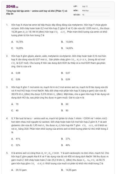 Tổng hợp bài tập amin – amino axit hay và khó (Phần 1) có đáp án