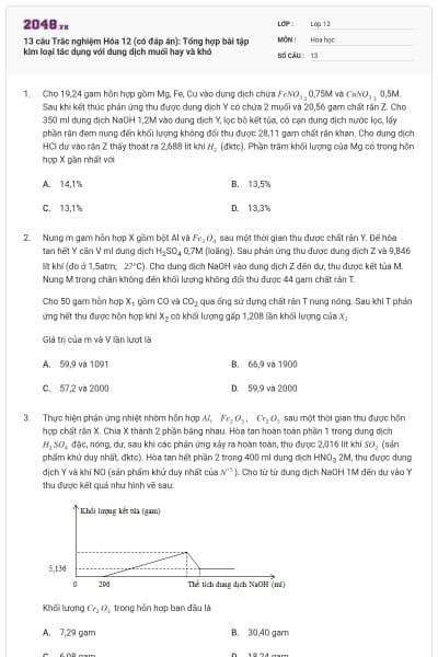 13 câu Trắc nghiệm Hóa 12 (có đáp án): Tổng hợp bài tập kim loại tác dụng với dung dịch muối hay và khó