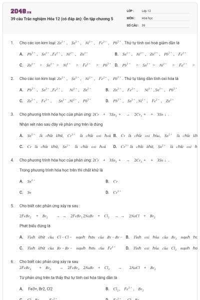 39 câu Trắc nghiệm Hóa 12 (có đáp án): Ôn tập chương 5
