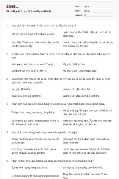 Đề thi Học kì 1 Lịch Sử 9 có đáp án (Đề 4)