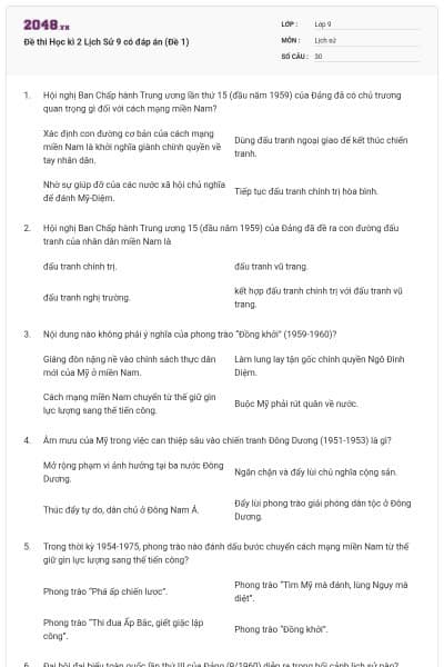 Đề thi Học kì 2 Lịch Sử 9 có đáp án (Đề 1)
