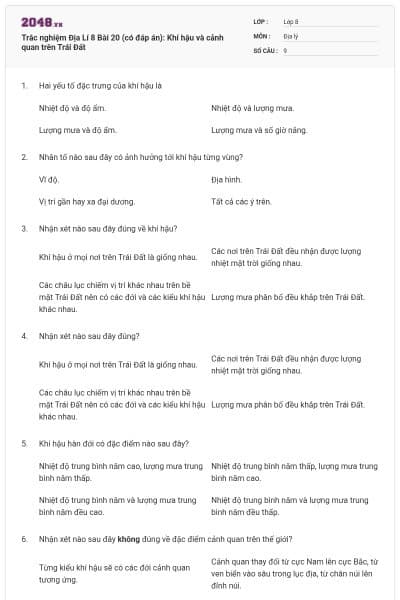 Trắc nghiệm Địa Lí 8 Bài 20 (có đáp án): Khí hậu và cảnh quan trên Trái Đất