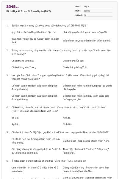 Đề thi Học kì 2 Lịch Sử 9 có đáp án (Đề 2)
