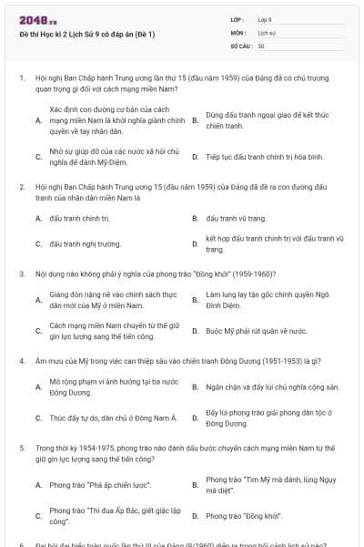 Đề thi Học kì 2 Lịch Sử 9 có đáp án (Đề 1)