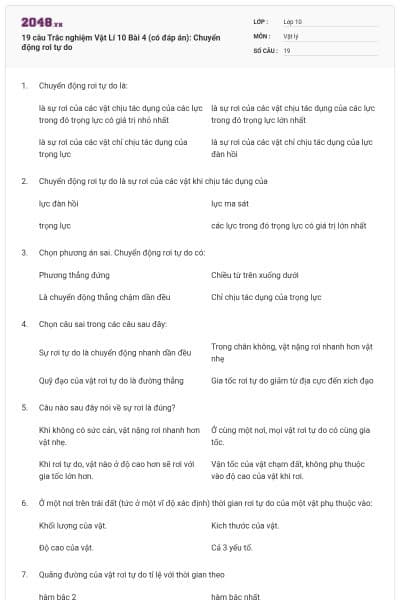 19 câu Trắc nghiệm Vật Lí 10 Bài 4 (có đáp án): Chuyển động rơi tự do