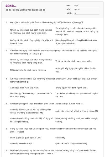 Đề thi Học kì 2 Lịch Sử 9 có đáp án (Đề 3)