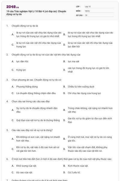 19 câu Trắc nghiệm Vật Lí 10 Bài 4 (có đáp án): Chuyển động rơi tự do