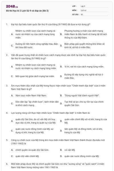 Đề thi Học kì 2 Lịch Sử 9 có đáp án (Đề 3)