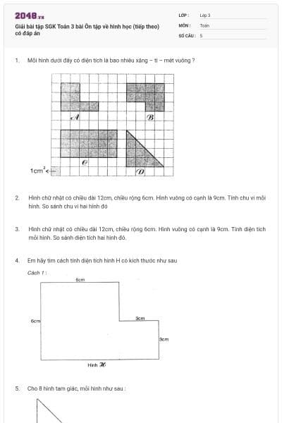 Giải bài tập SGK Toán 3 bài Ôn tập về hình học (tiếp theo) có đáp án