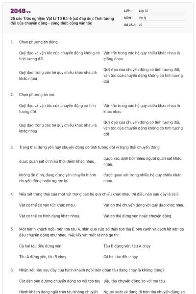 25 câu Trắc nghiệm Vật Lí 10 Bài 6 (có đáp án): Tính tương đối của chuyển động - công thức cộng vận tốc