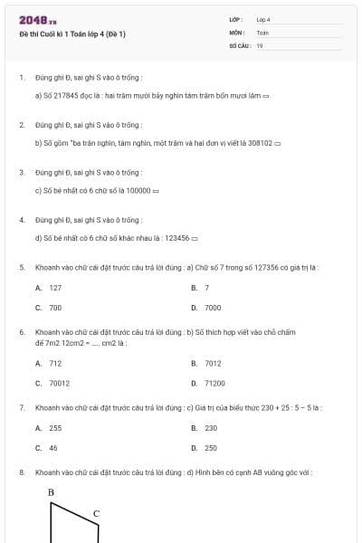 Đề thi Cuối kì 1 Toán lớp 4 (Đề 1)