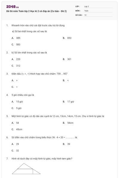 Đề thi môn Toán lớp 2 Học kì 2 có đáp án (Cơ bản - Đề 2)