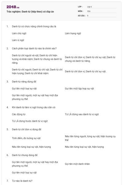 Trắc nghiệm: Danh từ (tiếp theo) có đáp án