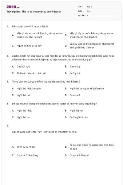 Trắc nghiệm: Thứ tự kể trong văn tự sự có đáp án