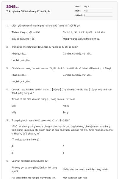 Trắc nghiệm: Số từ và lượng từ có đáp án