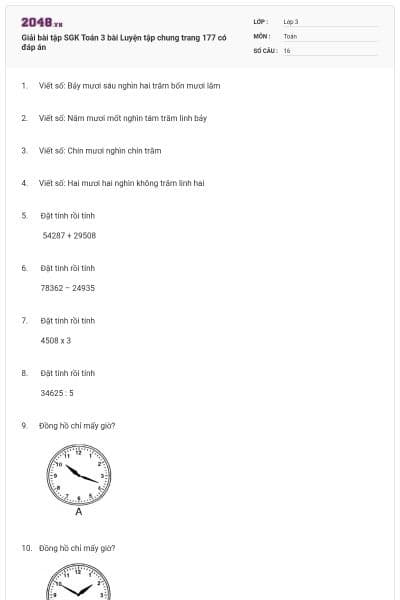 Giải bài tập SGK Toán 3 bài Luyện tập chung trang 177 có đáp án