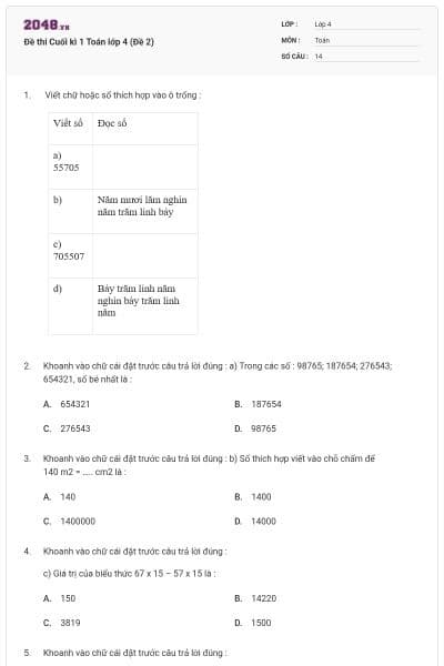 Đề thi Cuối kì 1 Toán lớp 4 (Đề 2)