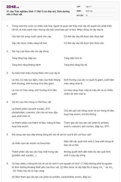 31 câu Trắc nghiệm Sinh 11 Bài 5 (có đáp án): Dinh dưỡng nito ở thực vật